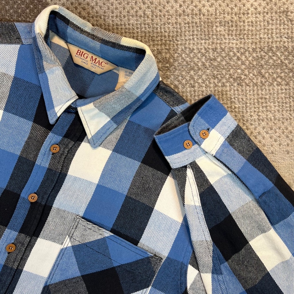 Big Mac Mens 2XLT Flannel Shirt Blue Black White Buffalo Plaid Made in USA